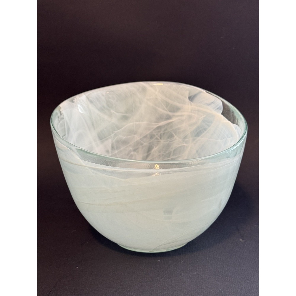 Bowl 7 Inch Eco Glass Blue with White Swirl Hand Blown Art Glass Statement Recyl
